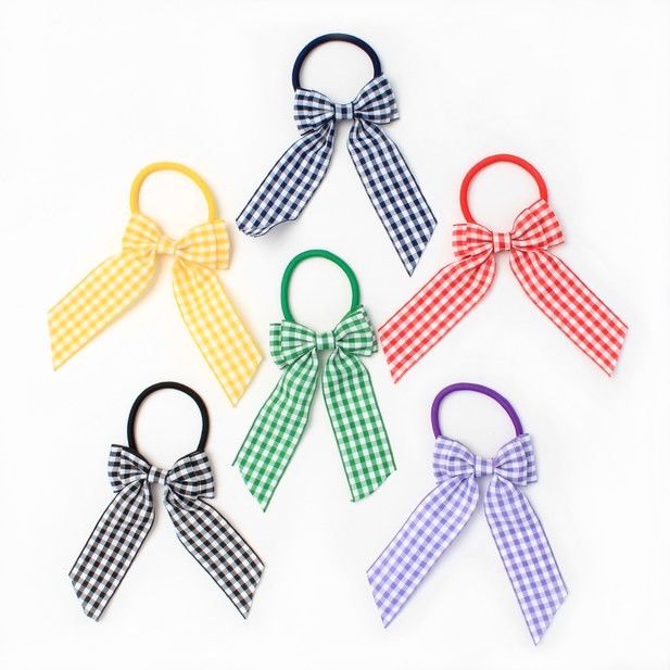 Hair Elastic Gingham Check Fabric Bow (8357)