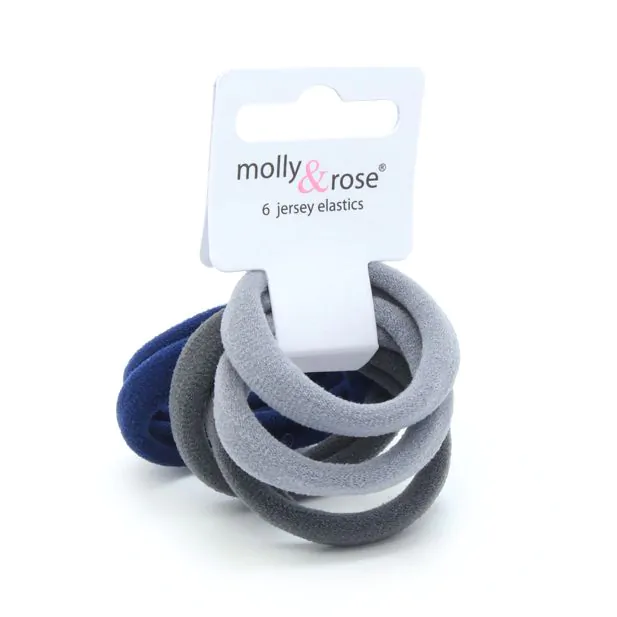 Hair Elastic Card of 6 Mixed Grey/Navy Jersey Elastics (8793)